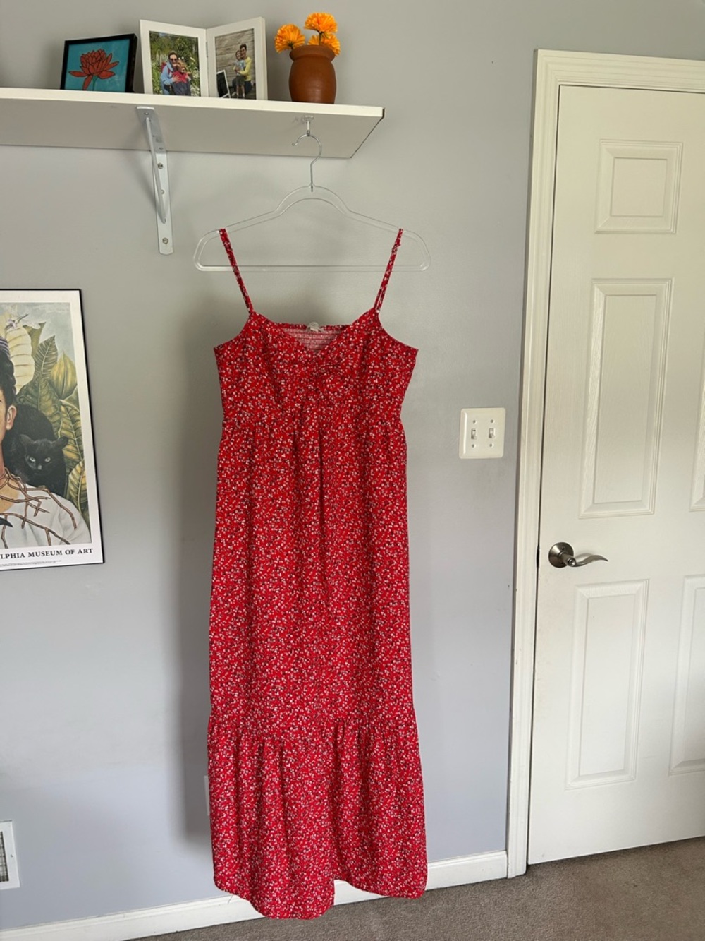 Red Floral Tiered Maxi Dress - Lightweight Spaghetti Strap